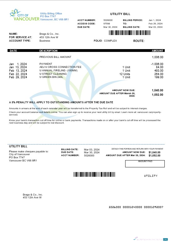 Download Canada British Columbia City of Vancouver business utility bill Photoshop template